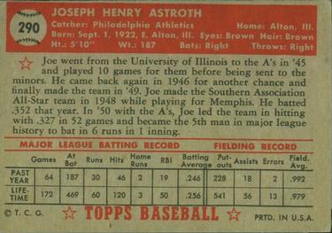 1952 Topps #290 Joe Astroth Back