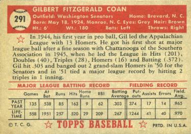 1952 Topps #291 Gil Coan Back