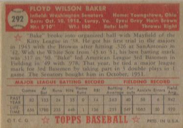 1952 Topps #292 Floyd Baker Back