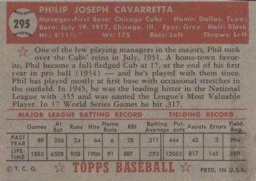 1952 Topps #295 Phil Cavarretta Back