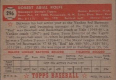 1952 Topps #296 Red Rolfe Back