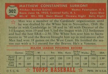 1952 Topps #302 Max Surkont Back