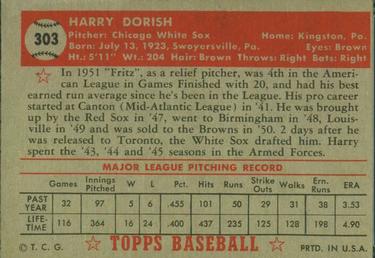 1952 Topps #303 Harry Dorish Back