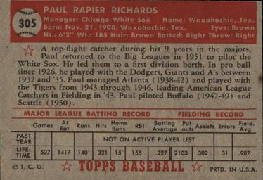1952 Topps #305 Paul Richards Back