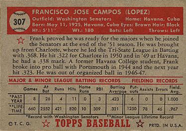 1952 Topps #307 Frank Campos Back