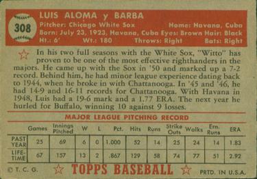 1952 Topps #308 Luis Aloma Back
