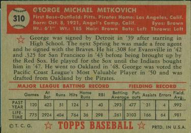 1952 Topps #310 George Metkovich Back