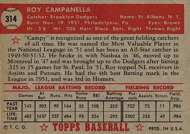 1952 Topps #314 Roy Campanella Back