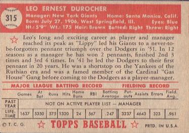 1952 Topps #315 Leo Durocher Back