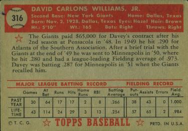 1952 Topps #316 Davey Williams Back