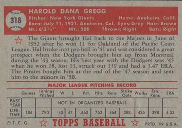 1952 Topps #318 Hal Gregg Back