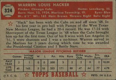 1952 Topps #324 Warren Hacker Back