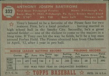 1952 Topps #332 Tony Bartirome Back