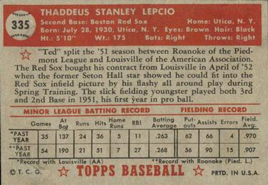 1952 Topps #335 Ted Lepcio Back