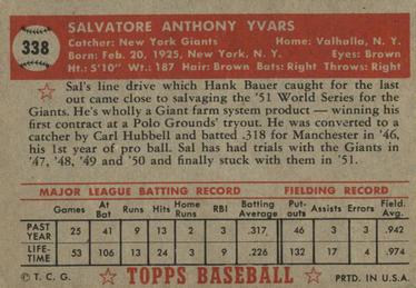 1952 Topps #338 Sal Yvars Back