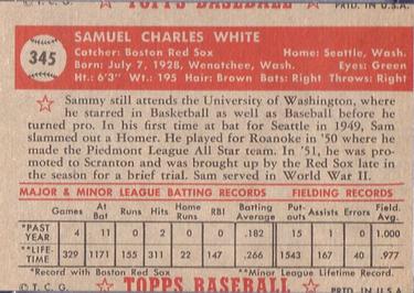 1952 Topps #345 Sammy White Back