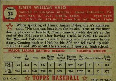 1952 Topps #34 Elmer Valo Back