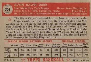 1952 Topps #351 Al Dark Back