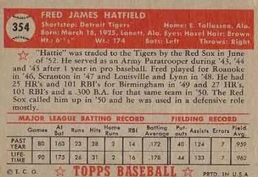 1952 Topps #354 Fred Hatfield Back