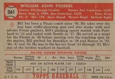 1952 Topps #361 Bill Posedel Back
