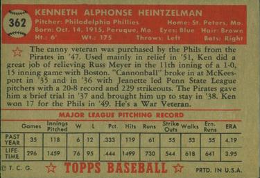 1952 Topps #362 Ken Heintzelman Back