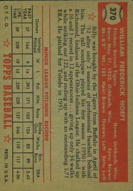 1952 Topps #370 Billy Hoeft Back