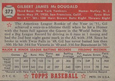 1952 Topps #372 Gil McDougald Back