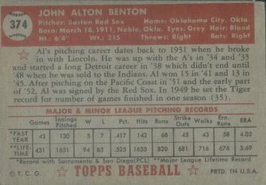 1952 Topps #374 Al Benton Back