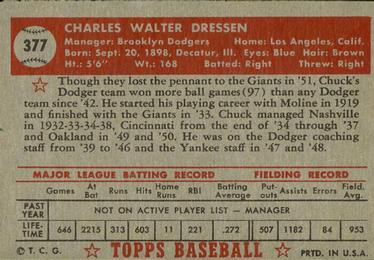 1952 Topps #377 Chuck Dressen Back