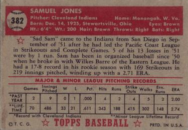1952 Topps #382 Sam Jones Back