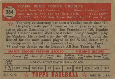 1952 Topps #384 Frankie Crosetti Back