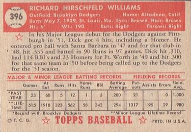 1952 Topps #396 Dick Williams Back