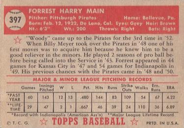 1952 Topps #397 Forrest Main Back
