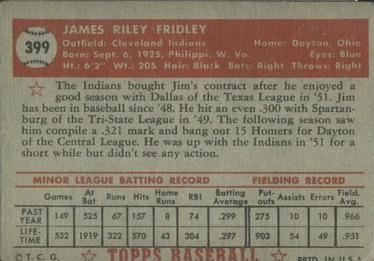 1952 Topps #399 Jim Fridley Back