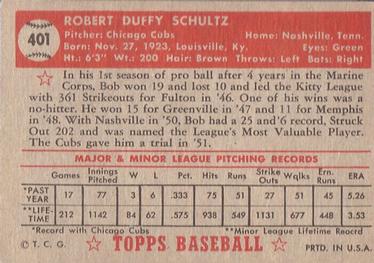 1952 Topps #401 Bob Schultz Back