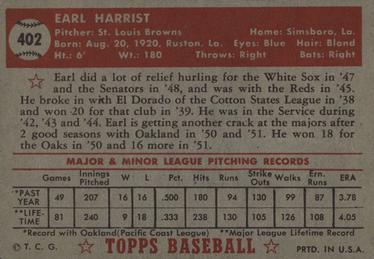 1952 Topps #402 Earl Harrist Back