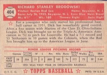 1952 Topps #404 Dick Brodowski Back