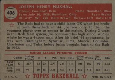 1952 Topps #406 Joe Nuxhall Back