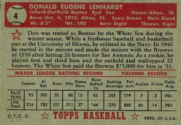 1952 Topps #4 Don Lenhardt Back