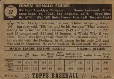 1952 Topps #37 Duke Snider Back