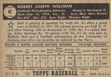 1952 Topps #41 Bob Wellman Back