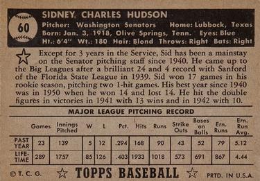 1952 Topps #60 Sid Hudson Back