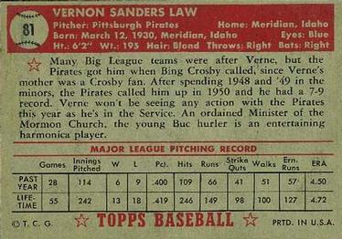 1952 Topps #81 Vernon Law Back