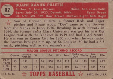 1952 Topps #82 Duane Pillette Back