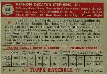 1952 Topps #84 Vern Stephens Back