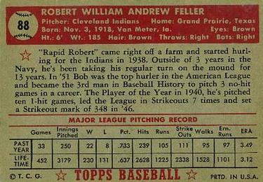 1952 Topps #88 Bob Feller Back