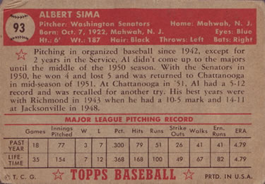 1952 Topps #93 Al Sima Back