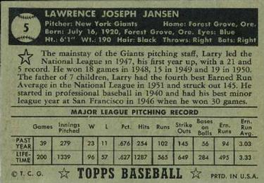 1952 Topps #5 Larry Jansen Back