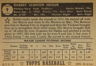 1952 Topps #9 Bobby Hogue Back