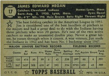 1952 Topps #17 Jim Hegan Back